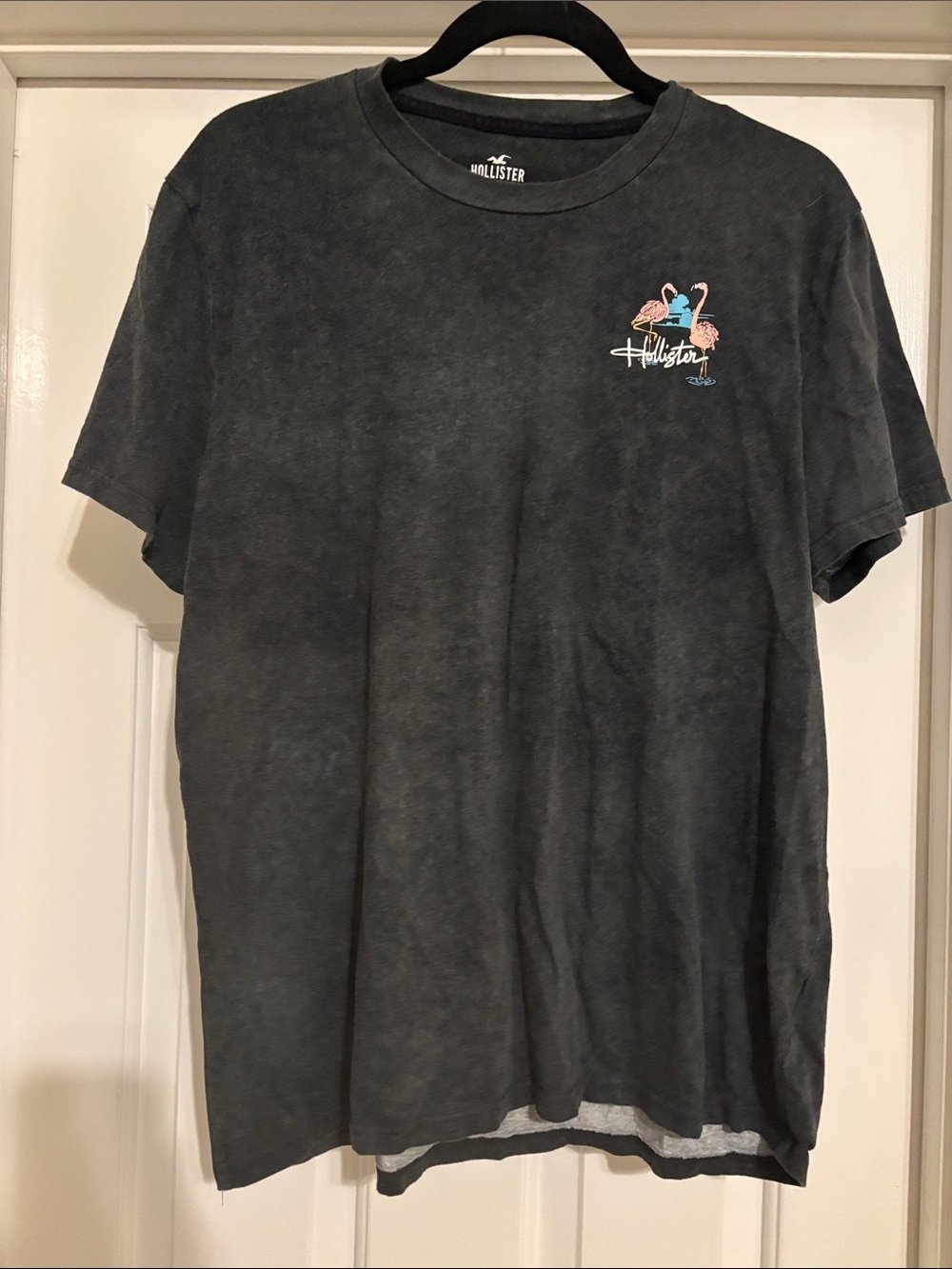 Hollister Charcoal Mineral-Wash Tee with Colorful Flamingo Chest Logo